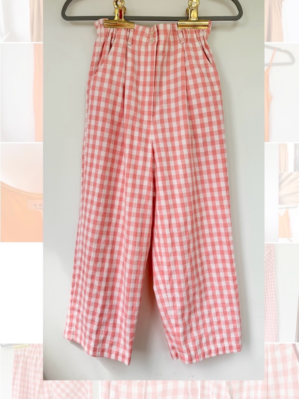Vintage Pink and White Gingham Wide-Leg Pants - xs